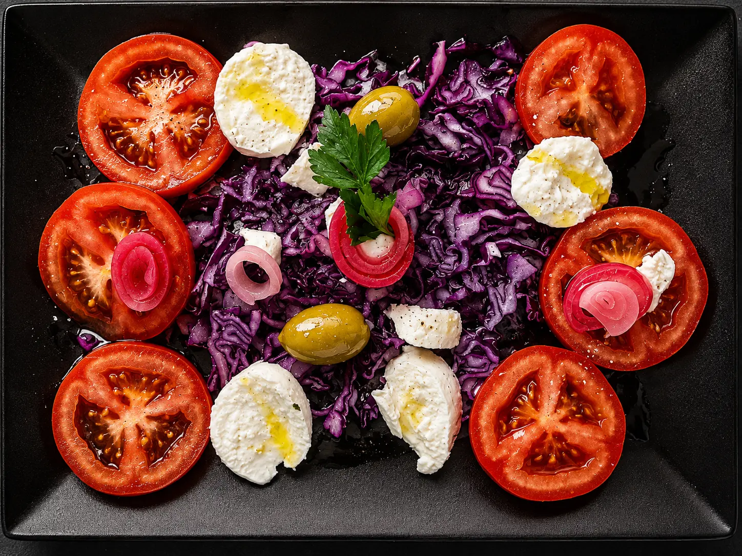 Caprese ligure con pomodori, stracciatella e olive