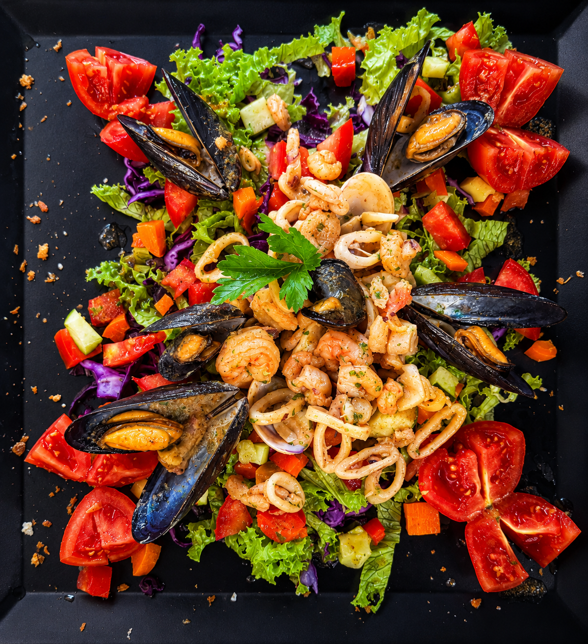 Insalata di mare con cozze, calamari e gamberi su piatto nero